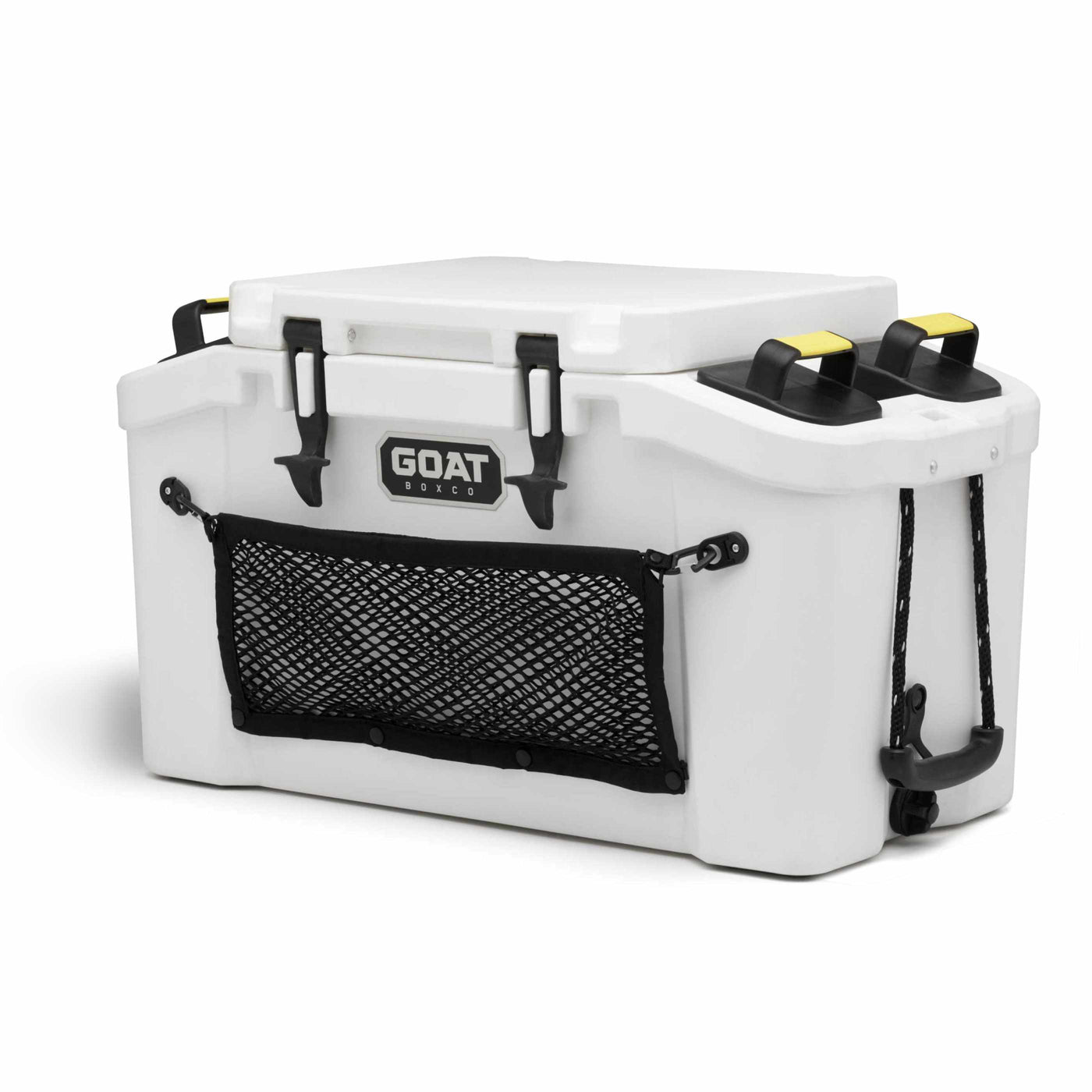 A white portable cooler with black accents, featuring a GOAT brand logo on the top, a front-facing cargo net, and corner gear storage CANs.